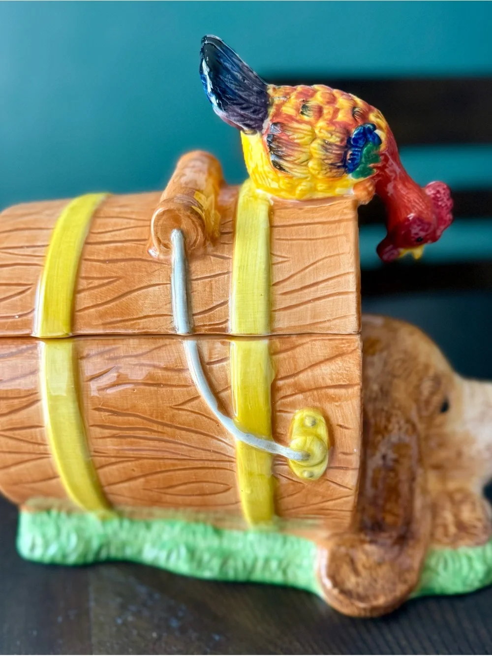 Vintage CKAO Ceramic Farmhouse Cookie Jar Dog in Wooden Barrel with Rooster Lid